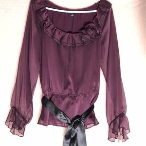 Deep Plum Ruffle Neck with ribbon tie Blouse